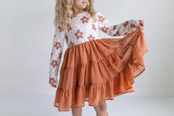 Kids Taupe Flower Check Print Swiss Dot Tulle Fall Dress: 3/4