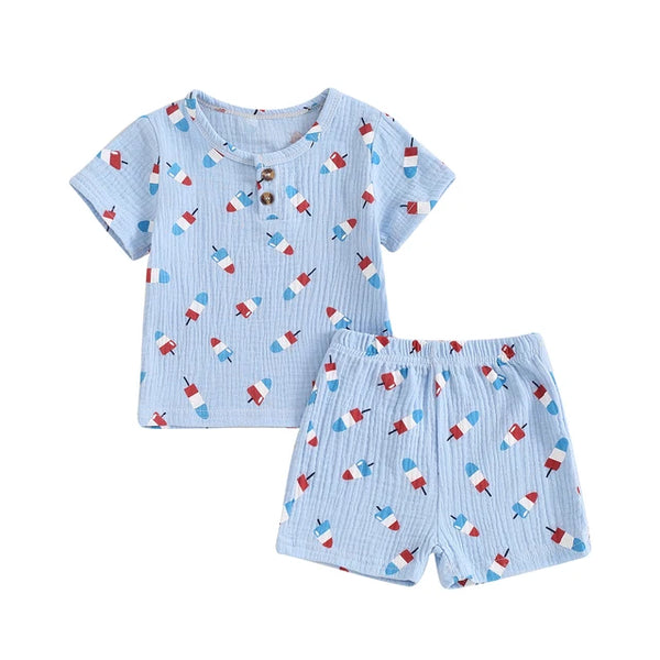 Toddler Boys Independence Day Clothing Outfits Ice Cream Print Short Sleeve Cotton T-shirts with Elastic Waist Shorts Clothes