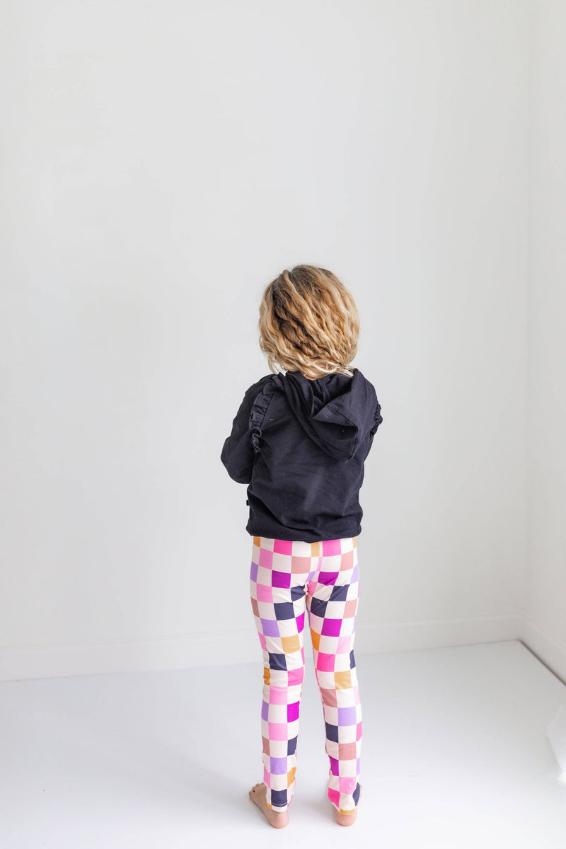 Kids Dark Gray Ruffle Hoodie & Checkered Leggings Fall Set