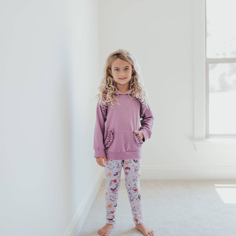 Kids Lavender Floral Ruffle Hoodie Shirt and Leggings Set