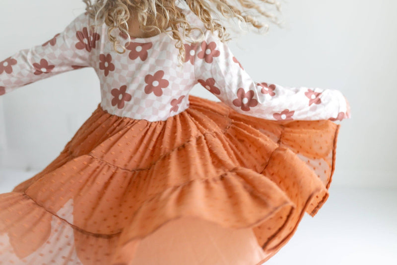 Kids Taupe Flower Check Print Swiss Dot Tulle Fall Dress