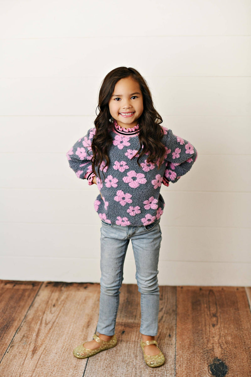 Kids Pink Daisy Scalloped Neck Fall Winter Sweater