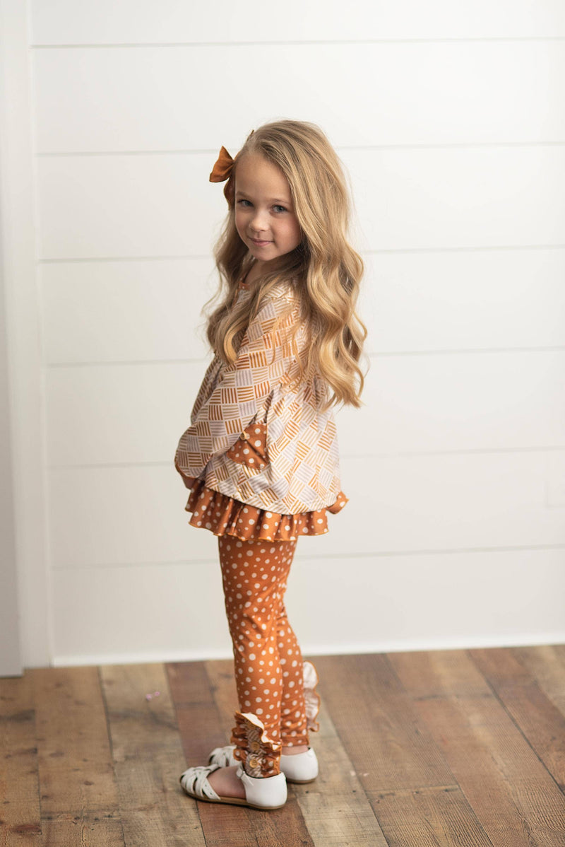 Kids Mustard Polka Dot Button Pocket Ruffle Pant Fall Set