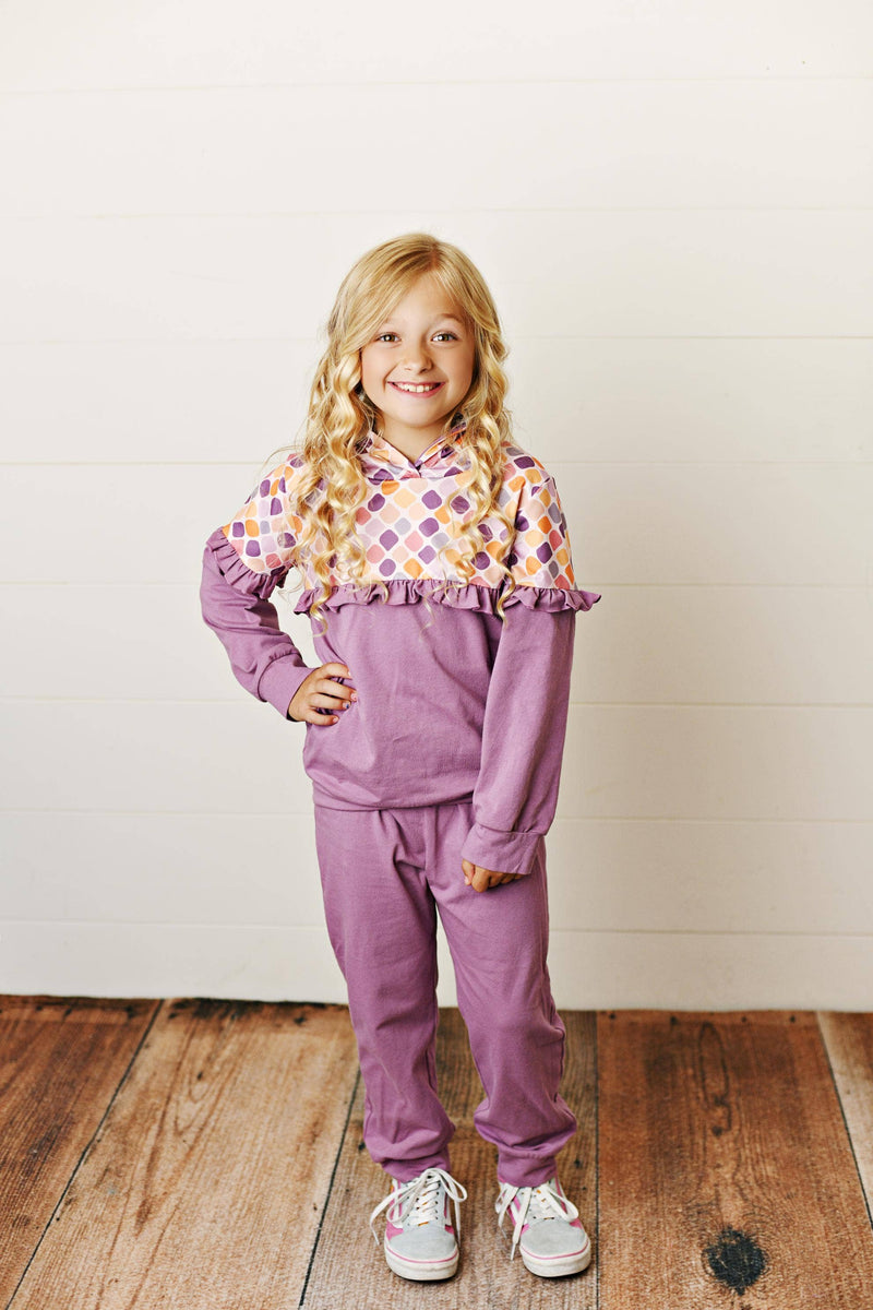 Kids Lavender Ruffle Hooded Sweatshirt Lounge Set