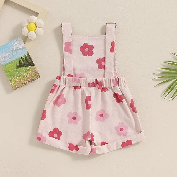 Girl Overalls Shorts Floral Pocket Front Sleeveless Suspender Jumpsuit with Adjustable Shoulder Strap