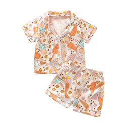 Children Summer Pajama Sets Silk Satin Heart/Floral/Cattle Print Baby Suits Sleepwear Boy Loungewear Kids Pajamas