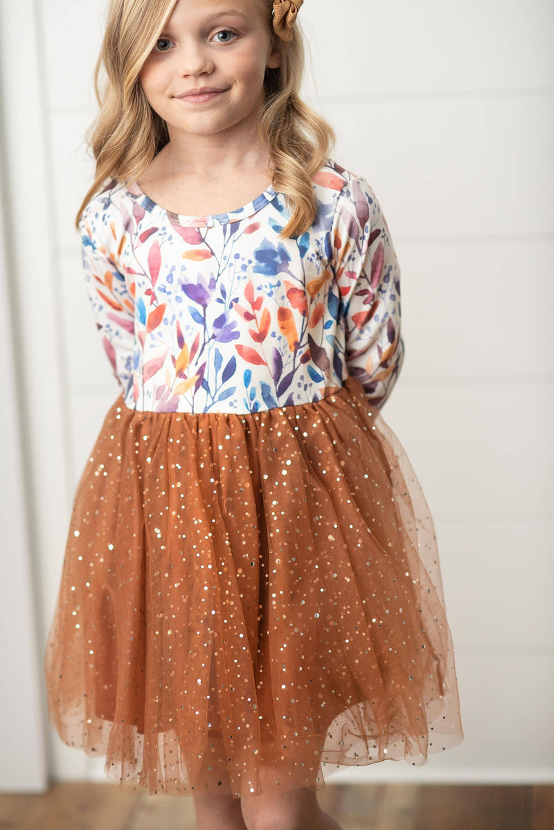 Kids Autumn Fall Floral Print Tulle Sparkle Dress