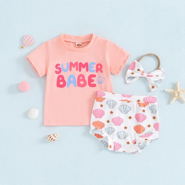 Summer Babe 3pcs Baby Girls Lovely Clothes Sets Letter Print Short Sleeve T-Shirt with Shell Shorts and Bow Heaband