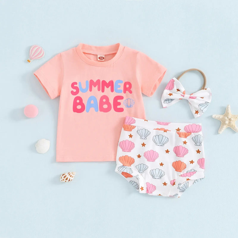 Summer Babe 3pcs Baby Girls Lovely Clothes Sets Letter Print Short Sleeve T-Shirt with Shell Shorts and Bow Heaband