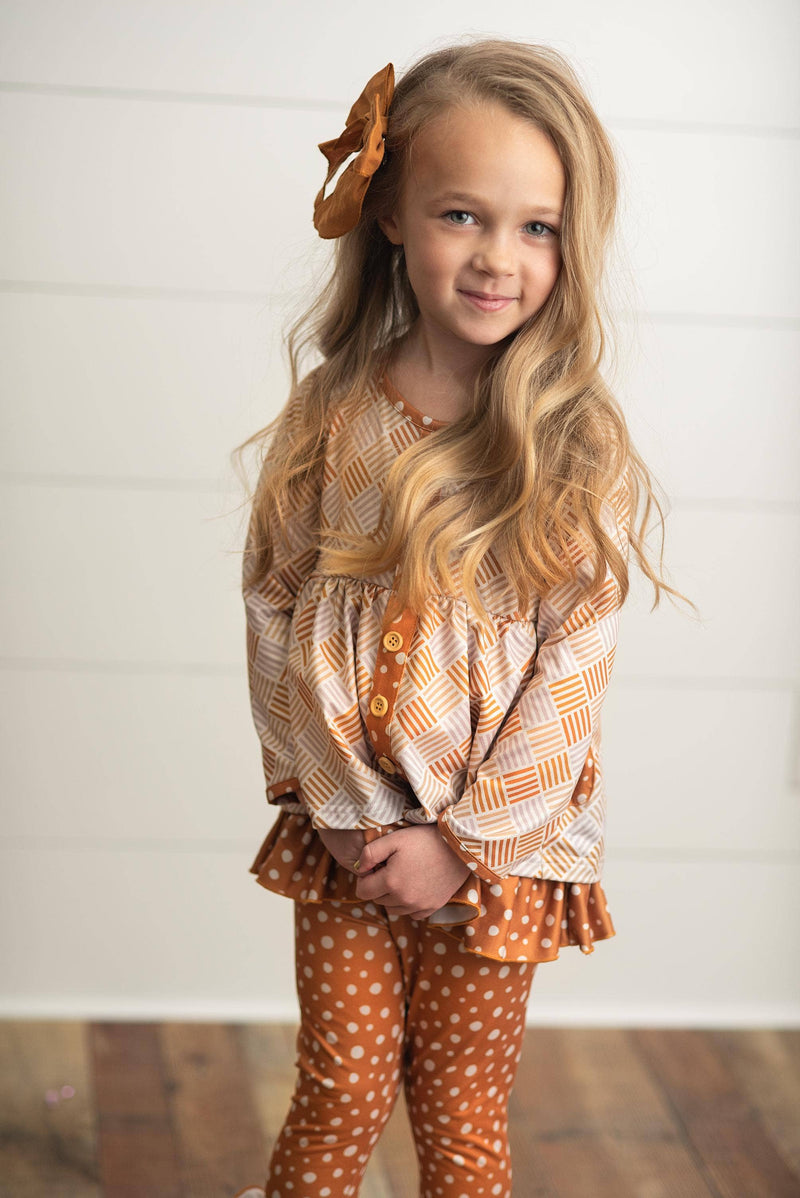 Kids Mustard Polka Dot Button Pocket Ruffle Pant Fall Set