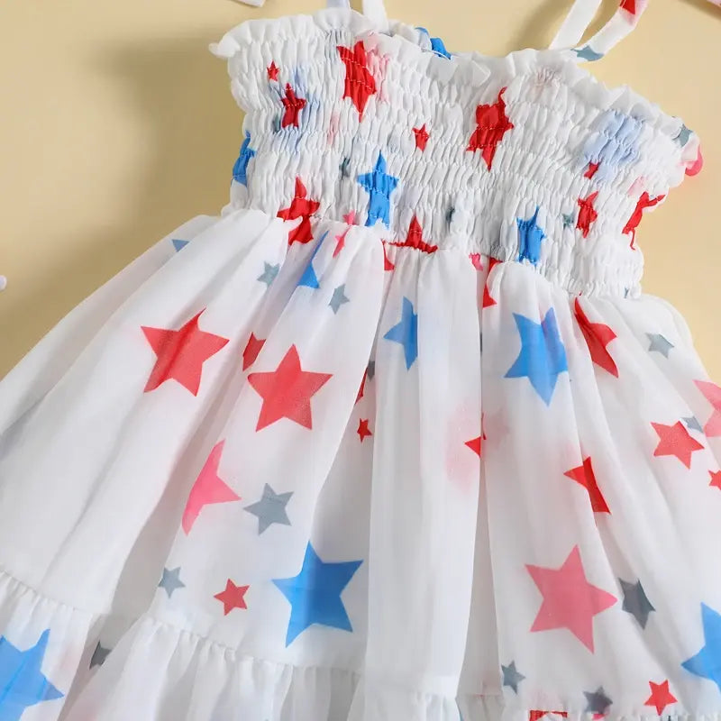 0-5Years Baby Kids Girl’s Slip Dress Independence Day Sleeveless Stars Print Pleated Summer A-line Dress