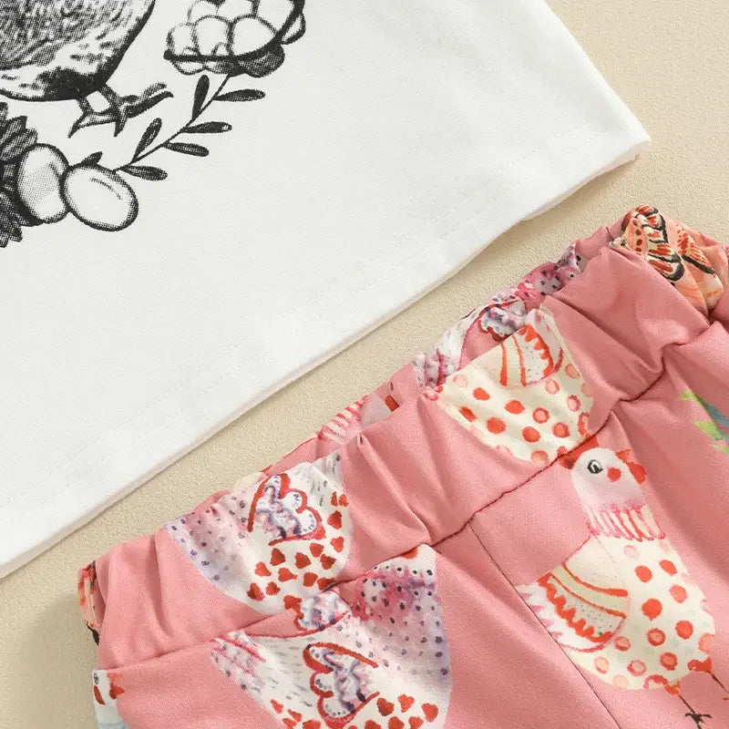 Fashion Summer Newborn Baby Girls Clothing Sets Chicken Letter Print Short Sleeve T-Shirts Flare Pants Headband Casual Outfits