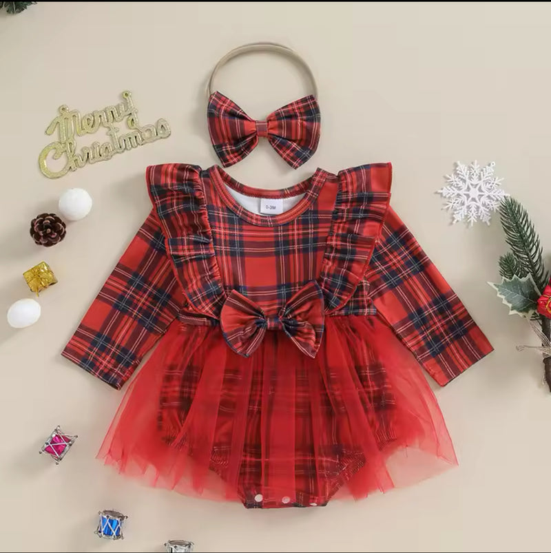 Holiday Dress 0-18M Girl Christmas Romper Plaid Ruffle Long Sleeve Tulle