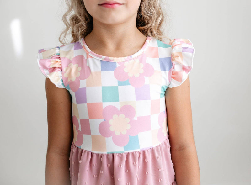 Girls Pink Check Retro Swiss Dot Spring Easter Dress
