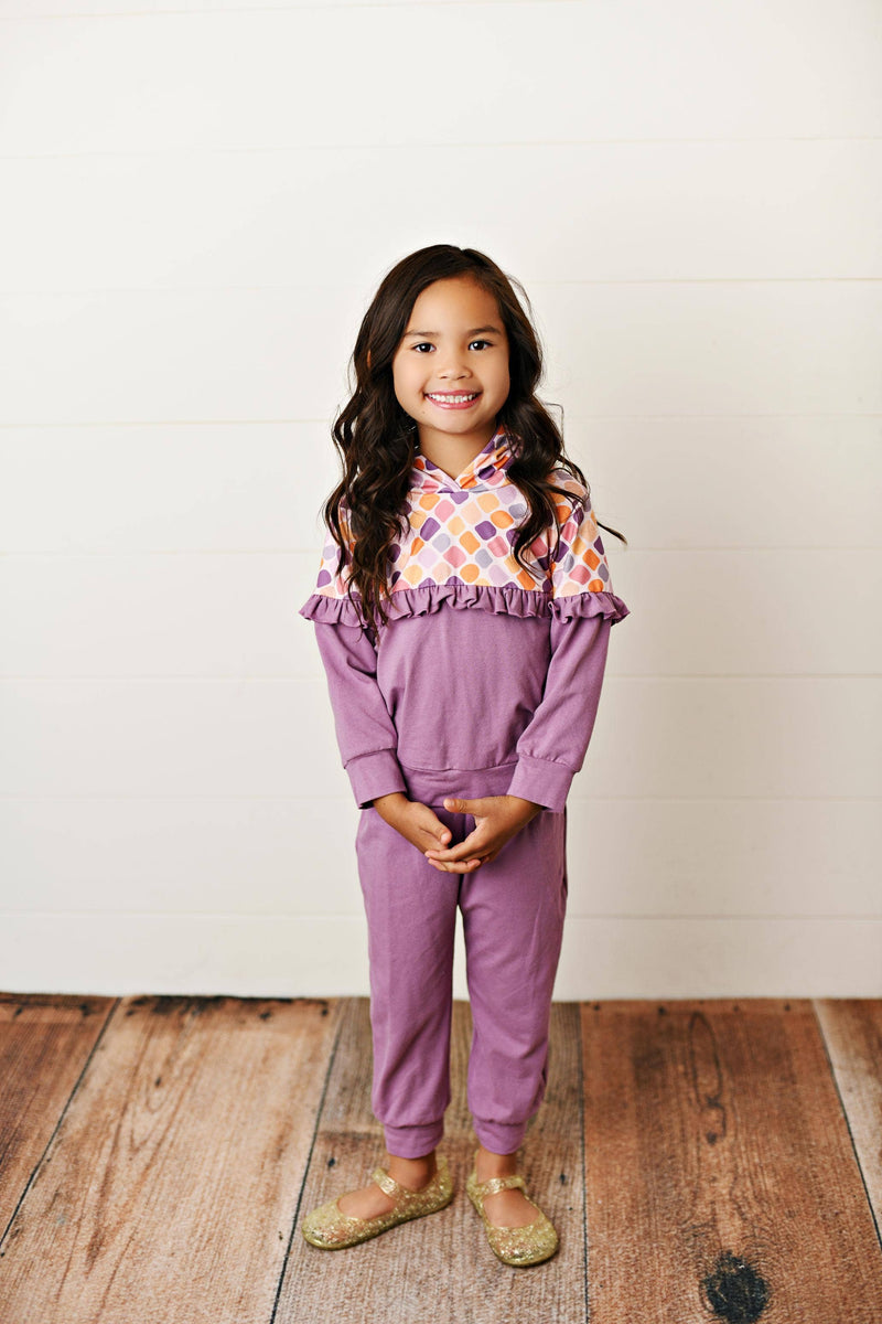 Kids Lavender Ruffle Hooded Sweatshirt Lounge Set