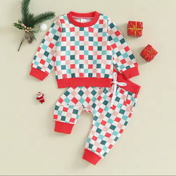 Christmas Plaid Long Sleeve Sweatshirt + Pant Set Checkered Holiday Toddler Baby