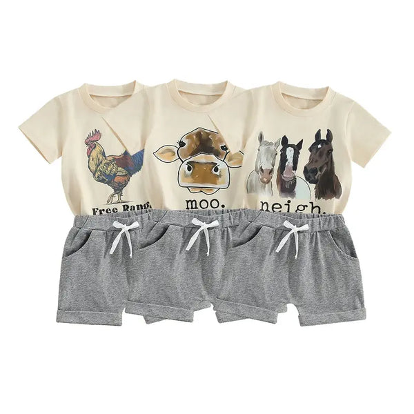 Moo Neigh Free Range Toddler Kids Baby Boys Summer Clothes Sets Farm Animal Print Short Sleeve T-shirts+Solid Shorts Loose Casual Outfits