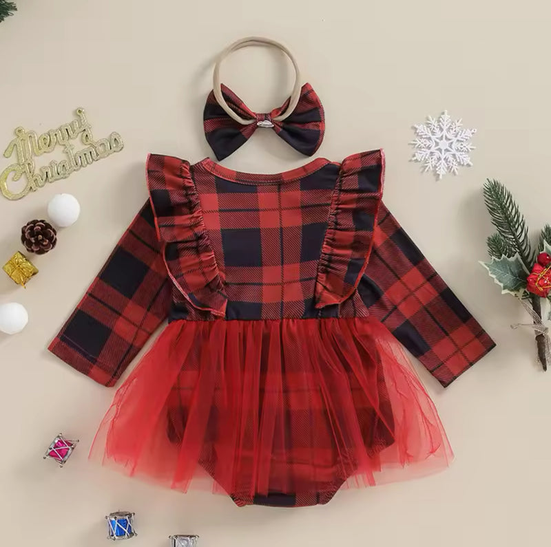 Holiday Dress 0-18M Girl Christmas Romper Plaid Ruffle Long Sleeve Tulle