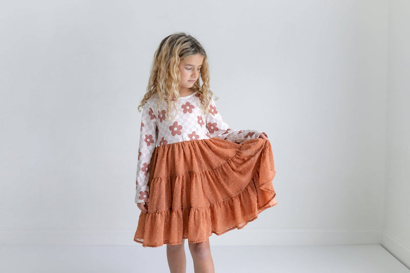 Kids Taupe Flower Check Print Swiss Dot Tulle Fall Dress