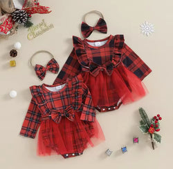 Holiday Dress 0-18M Girl Christmas Romper Plaid Ruffle Long Sleeve Tulle