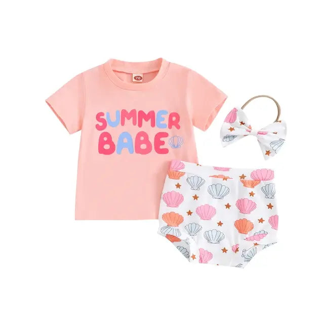 Summer Babe 3pcs Baby Girls Lovely Clothes Sets Letter Print Short Sleeve T-Shirt with Shell Shorts and Bow Heaband