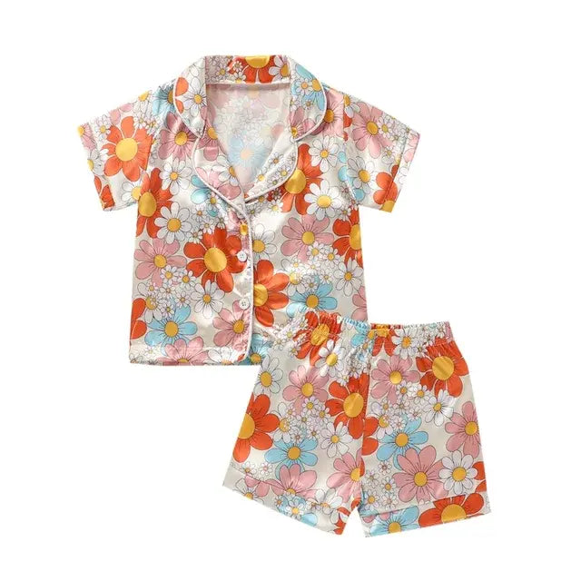 Children Summer Pajama Sets Silk Satin Heart/Floral/Cattle Print Baby Suits Sleepwear Boy Loungewear Kids Pajamas