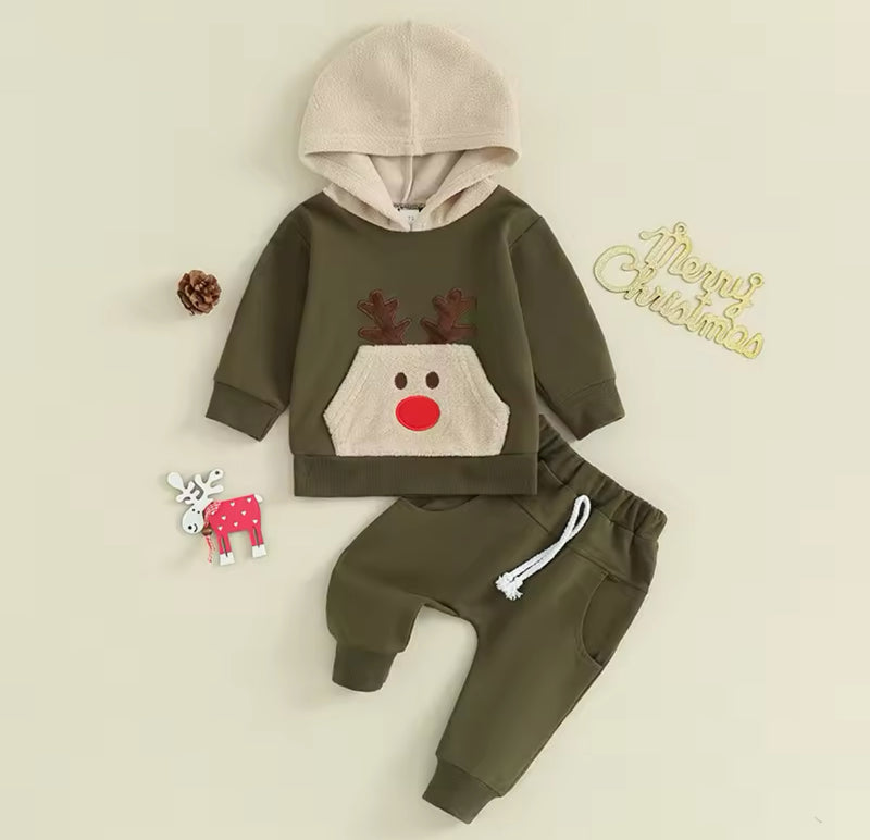 Reindeer Boy Baby Toddler Hoodie + Pant Set Christmas