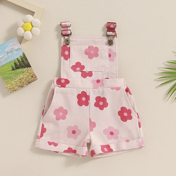 Girl Overalls Shorts Floral Pocket Front Sleeveless Suspender Jumpsuit with Adjustable Shoulder Strap