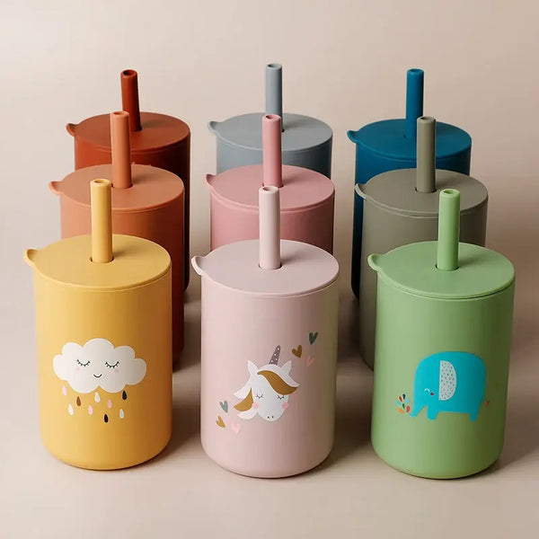 Baby Feeding Straw Cup Baby Cartoon Learning Feeding Cup Food Grade Silicone Toddler Water Bottle Tableware BPA Free