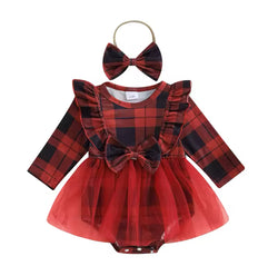 Holiday Dress 0-18M Girl Christmas Romper Plaid Ruffle Long Sleeve Tulle