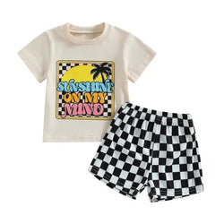 Summer Kids Baby Boys Clothes Sets Short Sleeve Letters Print T-shirts with Elastic Waist Plaid Shorts Holiday Beach Outfits