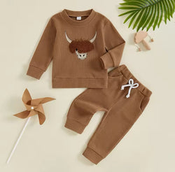 0-4Y Toddler Boys Spring Fall Pant Sets Cow Embroidered Long Sleeve Pullover Sweatshirt and Long Pants Outfits