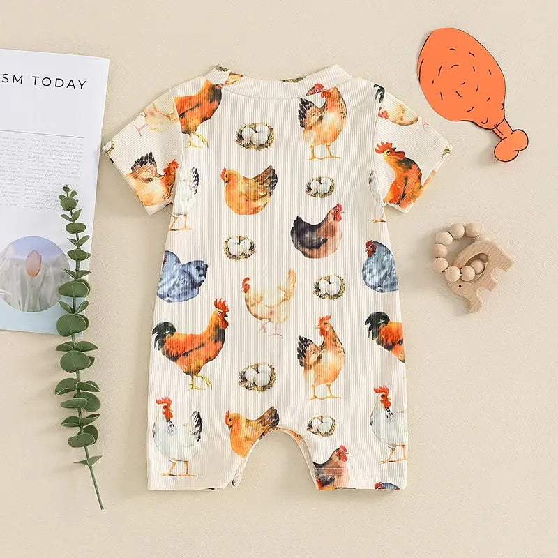 Chicken Vintage Baby Girls Boys Romper Round Neck Short Sleeve Rooster Egg Print Ribbed Jumpsuits Newborn Toddler Summer Clothing