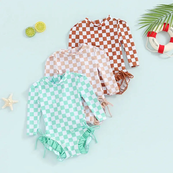 Fashion Toddler Kids Baby Girls Swimwear Summer Plaid Print Long Sleeve Zipper Ruffles Bowknot Bodysuits Swimsuits Bathing Suits