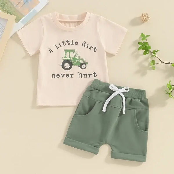 Little Dirt Never Hurt Summer Toddler Kids Baby Boy Clothes Sets Letter Tractor Print Short Sleeve Round Neck T-Shirts Solid Pocket Shorts 2pcs Outfits