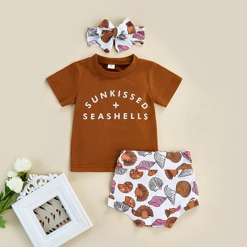 Sunkissed + Seashells Summer Baby Girls Boys 3pcs Clothes Sets 0-24M Letter Short Sleeve Brown T Shirts+Shell Print Casual Shorts