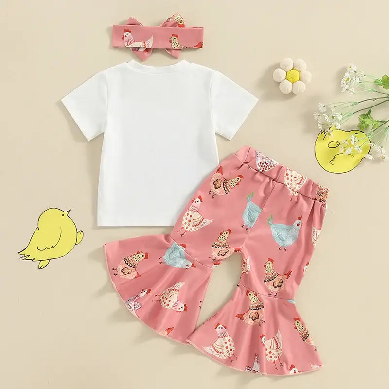 Fashion Summer Newborn Baby Girls Clothing Sets Chicken Letter Print Short Sleeve T-Shirts Flare Pants Headband Casual Outfits