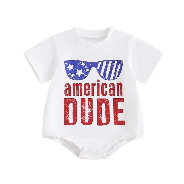 Independence Day Newborn Baby Boys Rompers Clothes Letter Sunglass Print Short Sleeve Round Neck Romper Jumpsuits Overalls