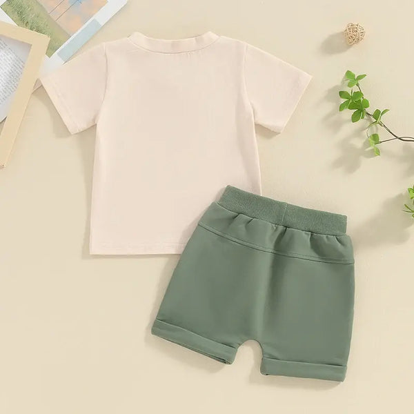 Little Dirt Never Hurt Summer Toddler Kids Baby Boy Clothes Sets Letter Tractor Print Short Sleeve Round Neck T-Shirts Solid Pocket Shorts 2pcs Outfits