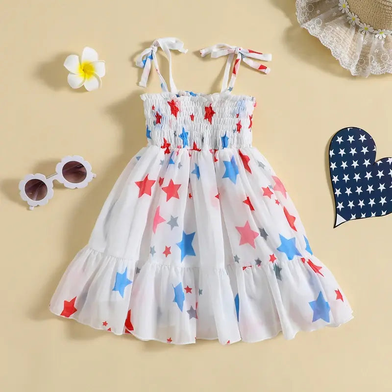 0-5Years Baby Kids Girl’s Slip Dress Independence Day Sleeveless Stars Print Pleated Summer A-line Dress