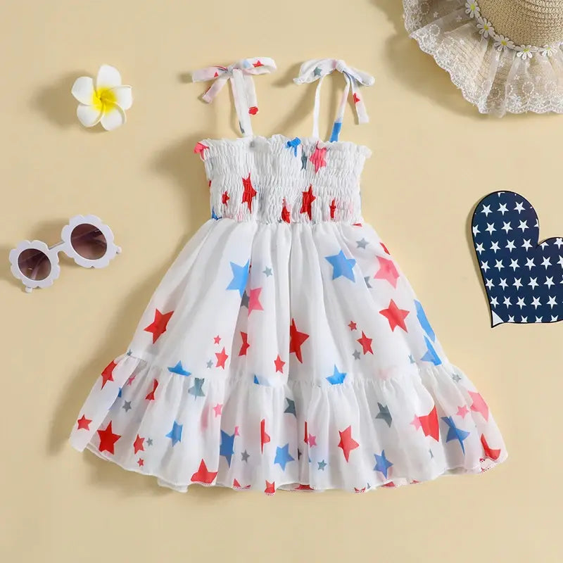 0-5Years Baby Kids Girl’s Slip Dress Independence Day Sleeveless Stars Print Pleated Summer A-line Dress