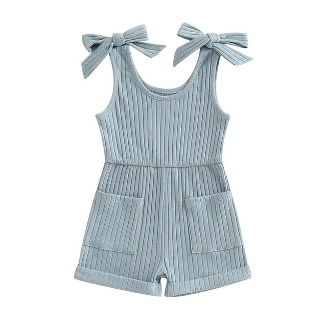 0-4Years Toddler Girls Sleeveless Romper Solid Ribbed Romper Summer Clothes with Pockets