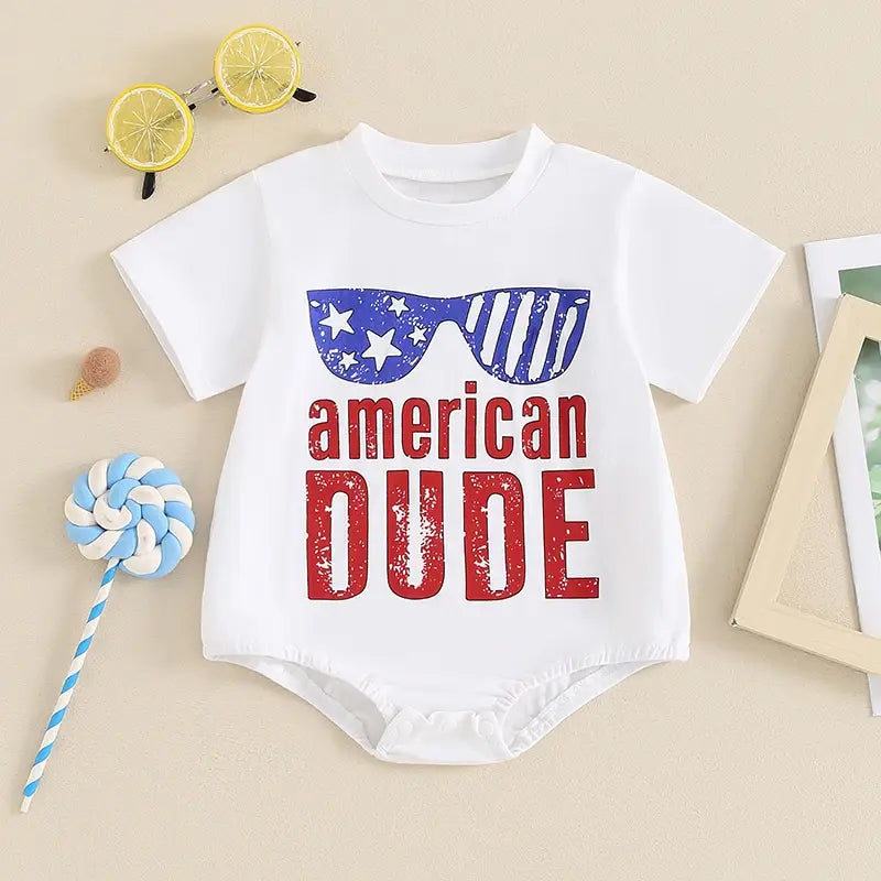 Independence Day Newborn Baby Boys Rompers Clothes Letter Sunglass Print Short Sleeve Round Neck Romper Jumpsuits Overalls