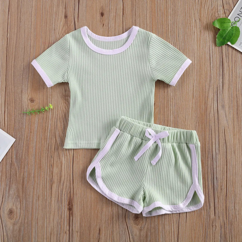 Ribbed 0-3Years Toddler Baby Girl 2Pcs Clothing Set Short Sleeveless O-Neck Solid Top Shorts Summer Clothes