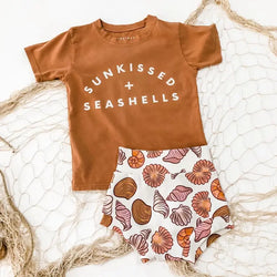 Sunkissed + Seashells Summer Baby Girls Boys 3pcs Clothes Sets 0-24M Letter Short Sleeve Brown T Shirts+Shell Print Casual Shorts