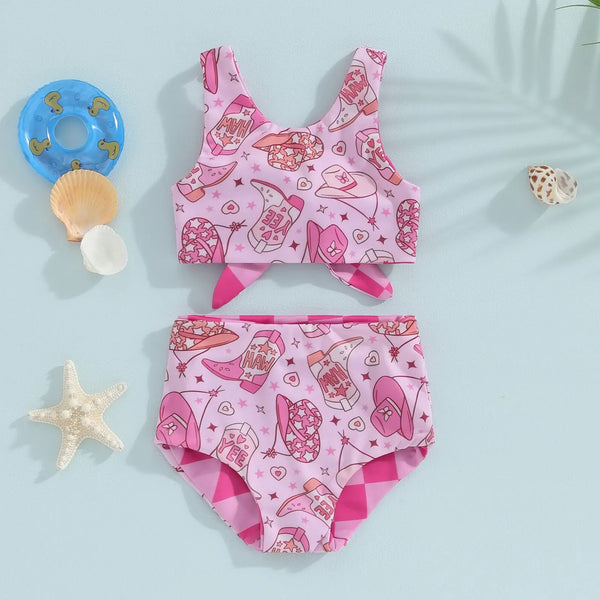 Toddler Kids Girl's Summer Bikini Sets Boot & Hat Print Sleeveless Tank Tops High Waist Shorts Beachwear