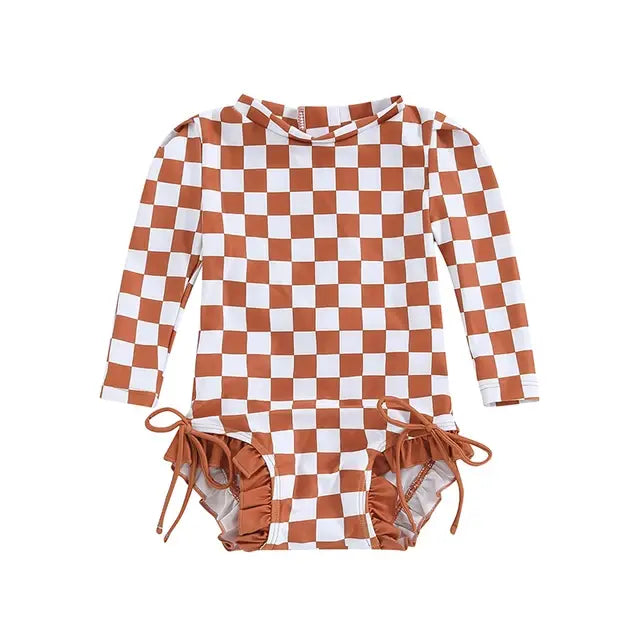 Fashion Toddler Kids Baby Girls Swimwear Summer Plaid Print Long Sleeve Zipper Ruffles Bowknot Bodysuits Swimsuits Bathing Suits