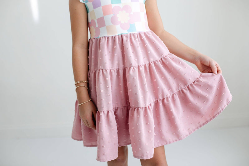 Girls Pink Check Retro Swiss Dot Spring Easter Dress