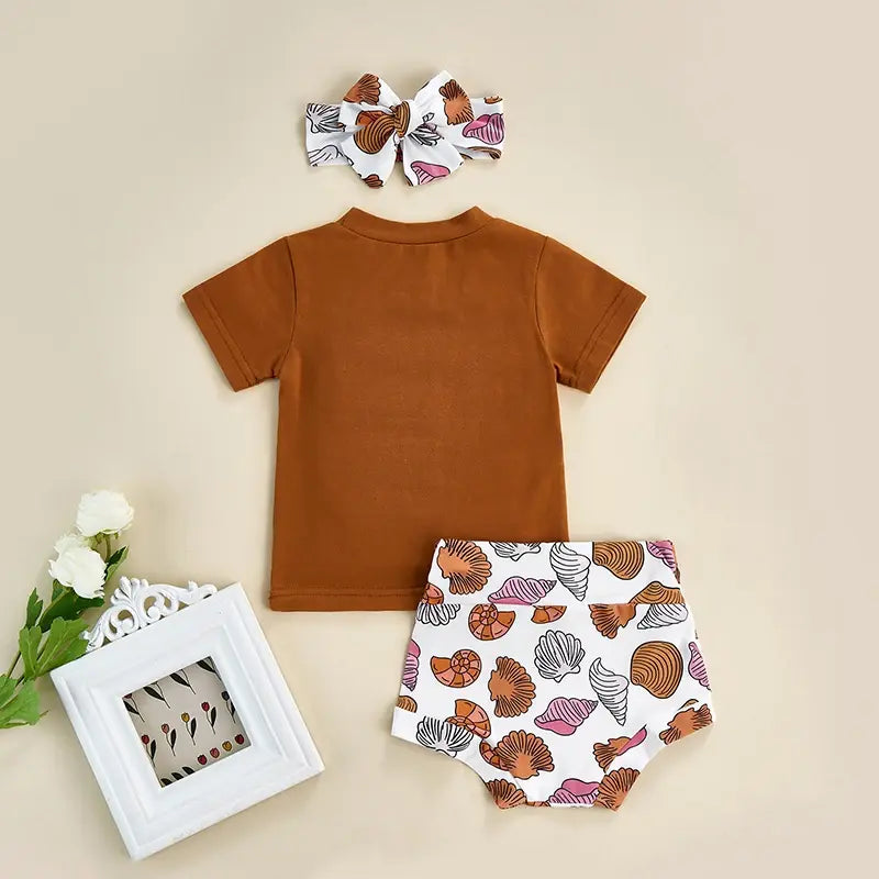 Sunkissed + Seashells Summer Baby Girls Boys 3pcs Clothes Sets 0-24M Letter Short Sleeve Brown T Shirts+Shell Print Casual Shorts