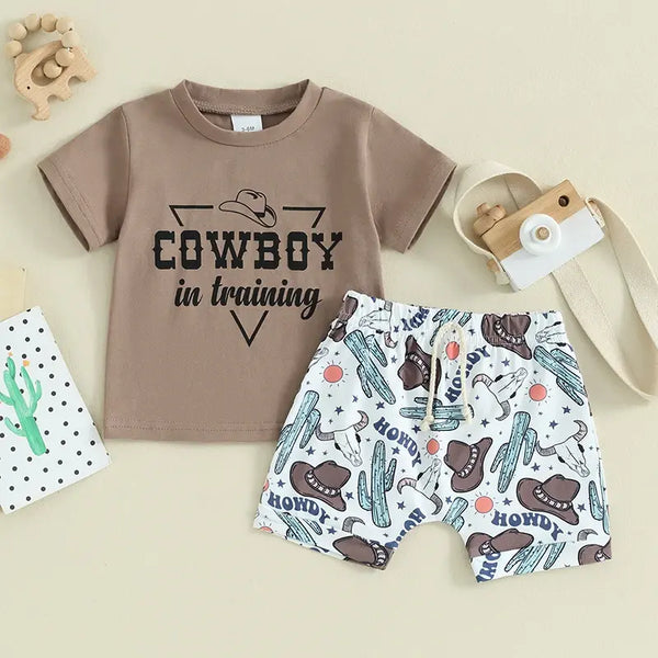 Cowboy in Training Summer Kids Baby Boys Clothing Sets Letter Short Sleeve T-shirts Tops+Cactus Cow Hats Print Shorts Casual Outfits